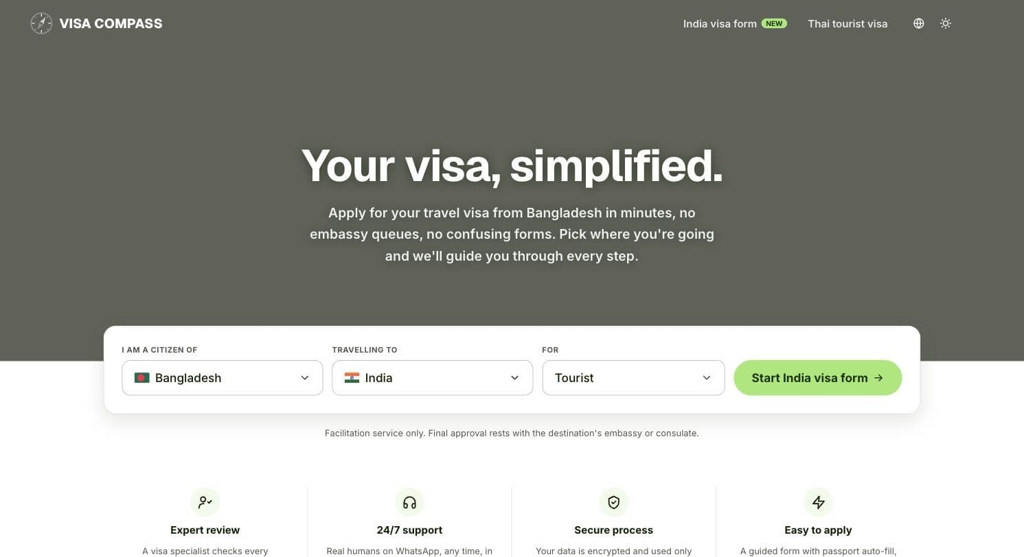 The Visa Compass website, showing the guided visa application flow